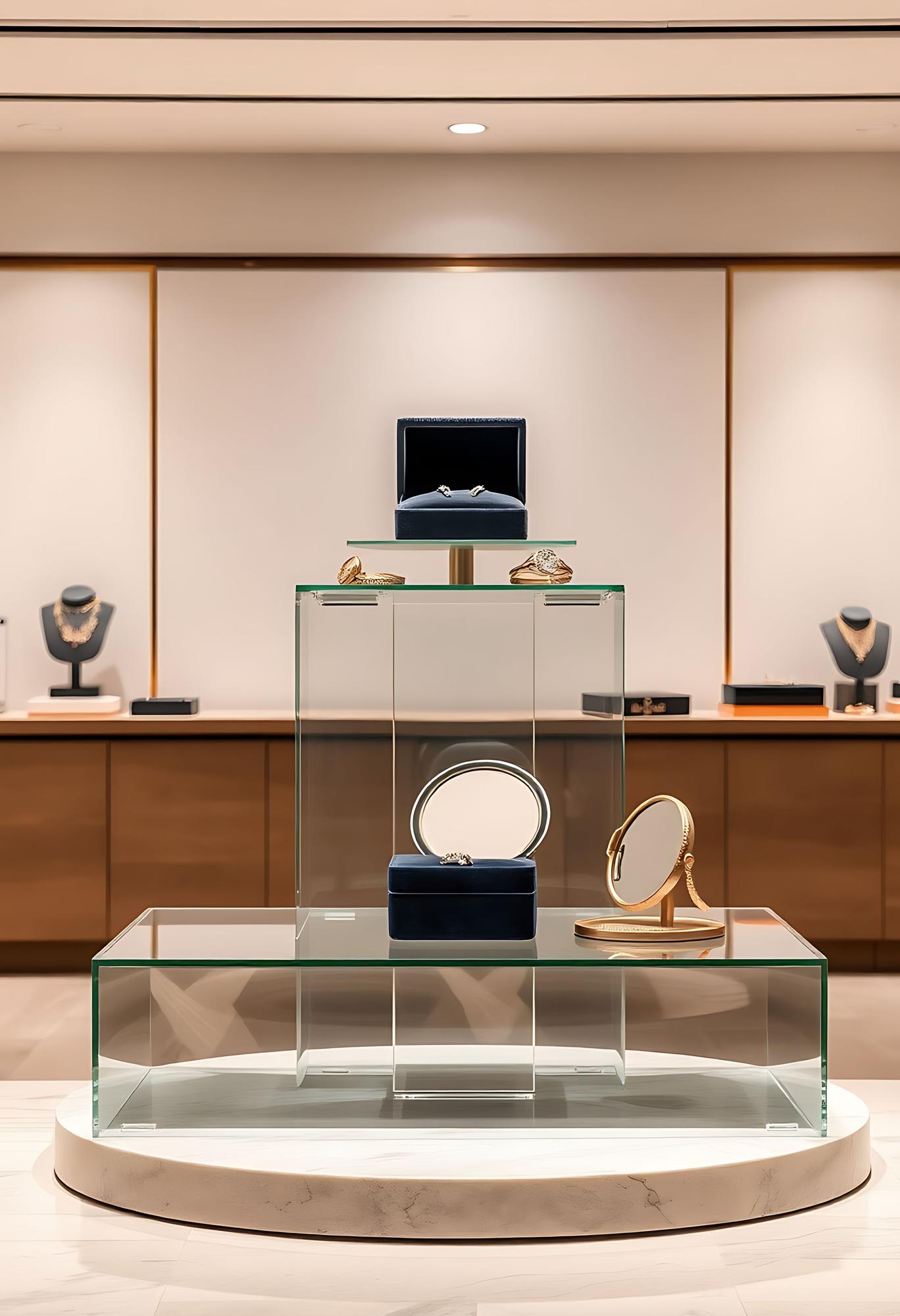 Vitrine de joalheria com colares e anéis expostos sobre pedestal de vidro, à venda no mesmo ambiente